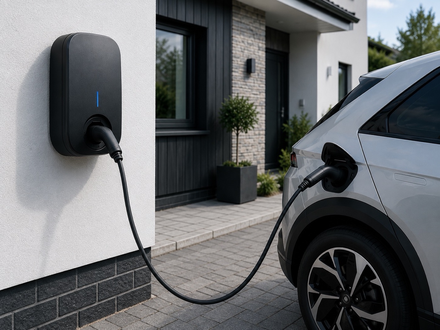 Home EV charger installation, untethered wall unit, modern Scottish home