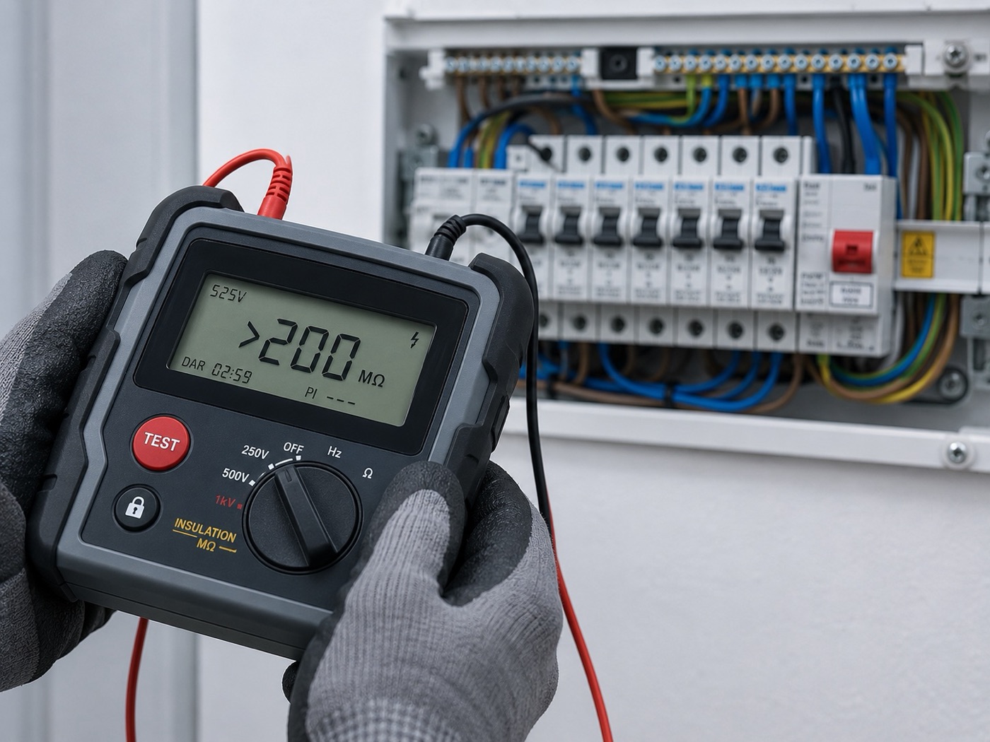 Megger insulation test reading 200MΩ, consumer unit in background