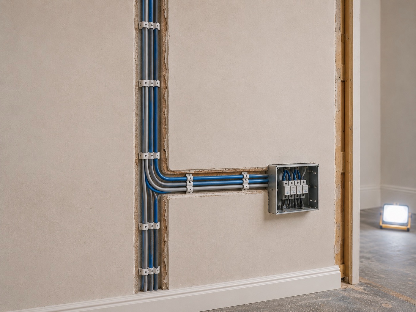 Fresh cables clipped to a backing board, ready for plastering