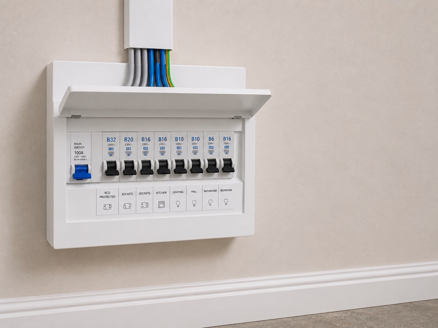 New 18th-edition consumer unit installed on a wall