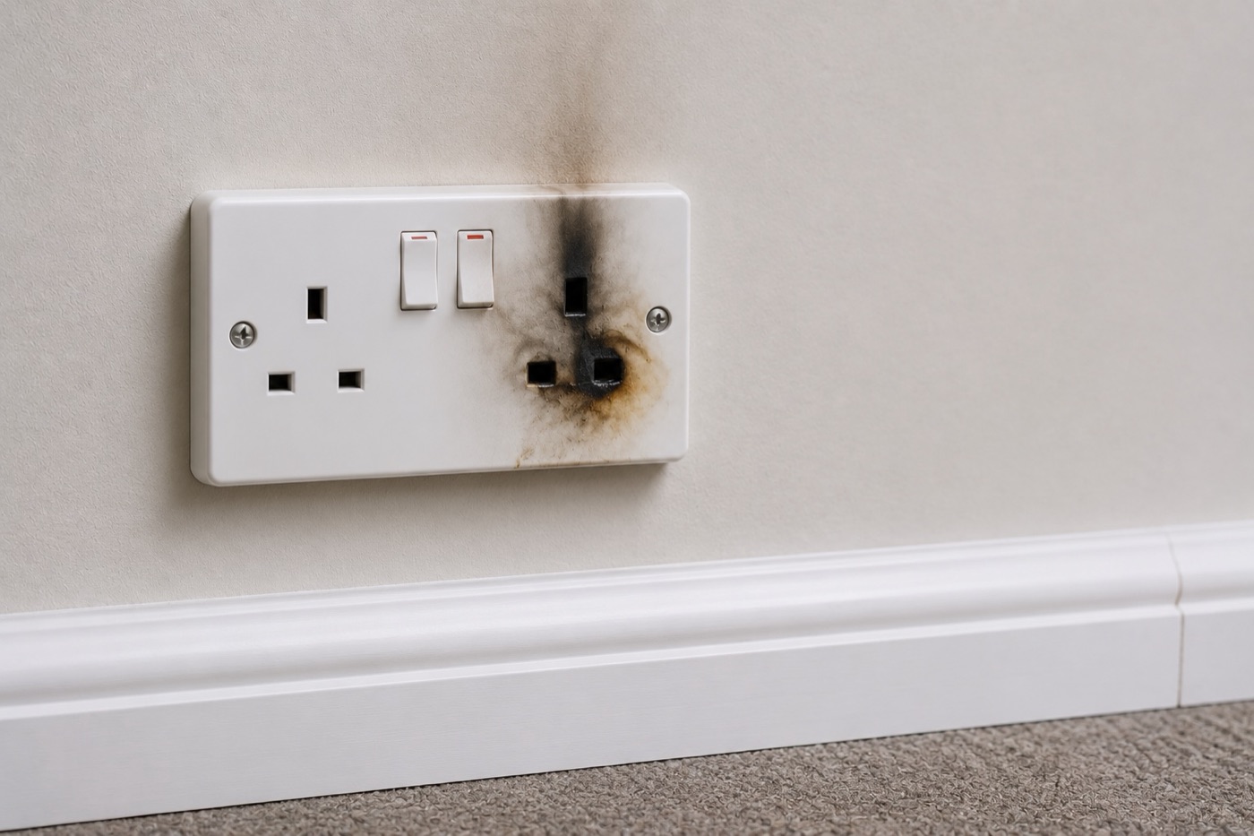 Damaged wall socket showing burn marks — fault diagnosed and replaced