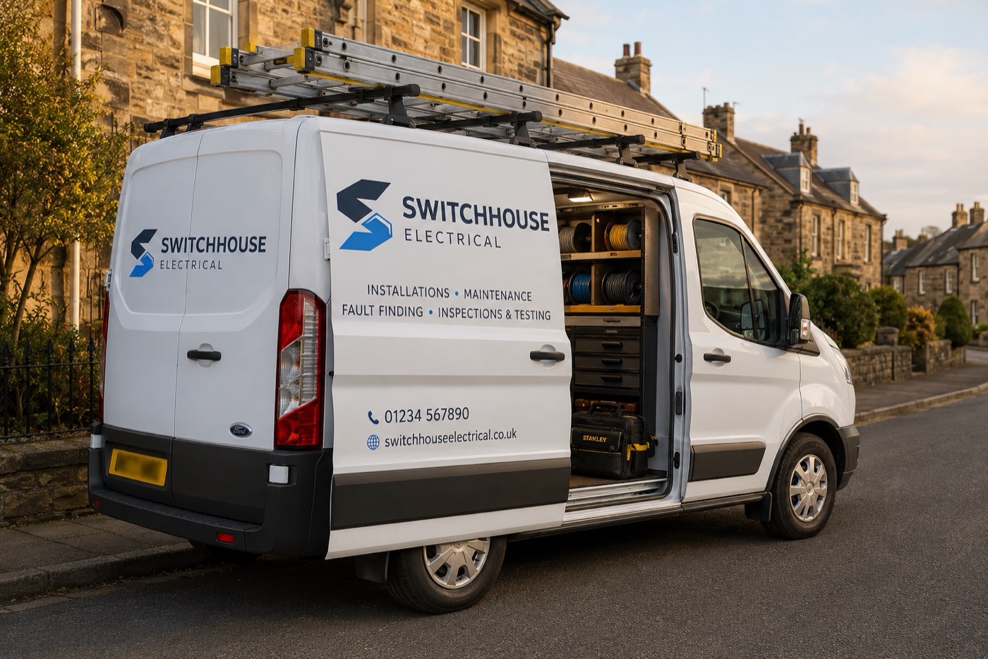 Sign-written Switchhouse Electrical van on a Fife stone-built street, side door open showing tidy organised tool layout