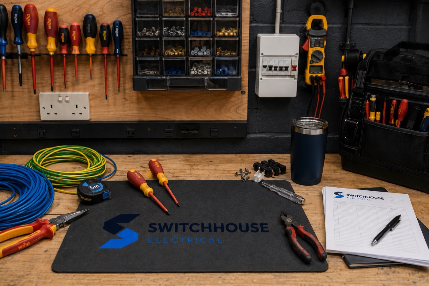 Switchhouse Electrical workbench with screwdriver set, test gear and tidy cable looms