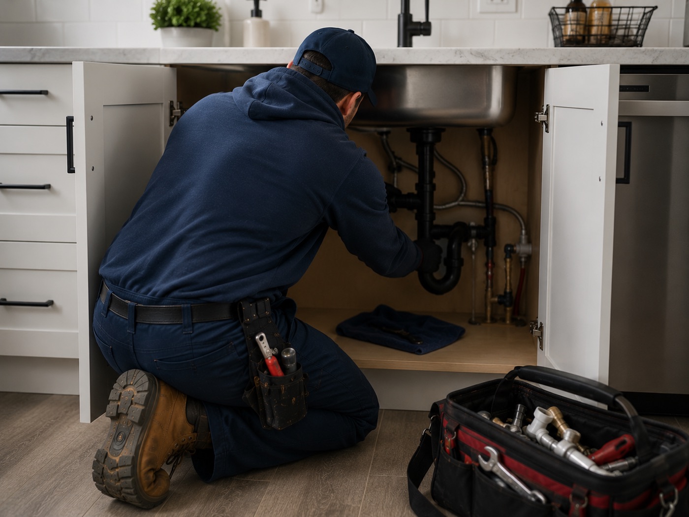 Plumber kneeling under a modern kitchen sink with a tool bag open