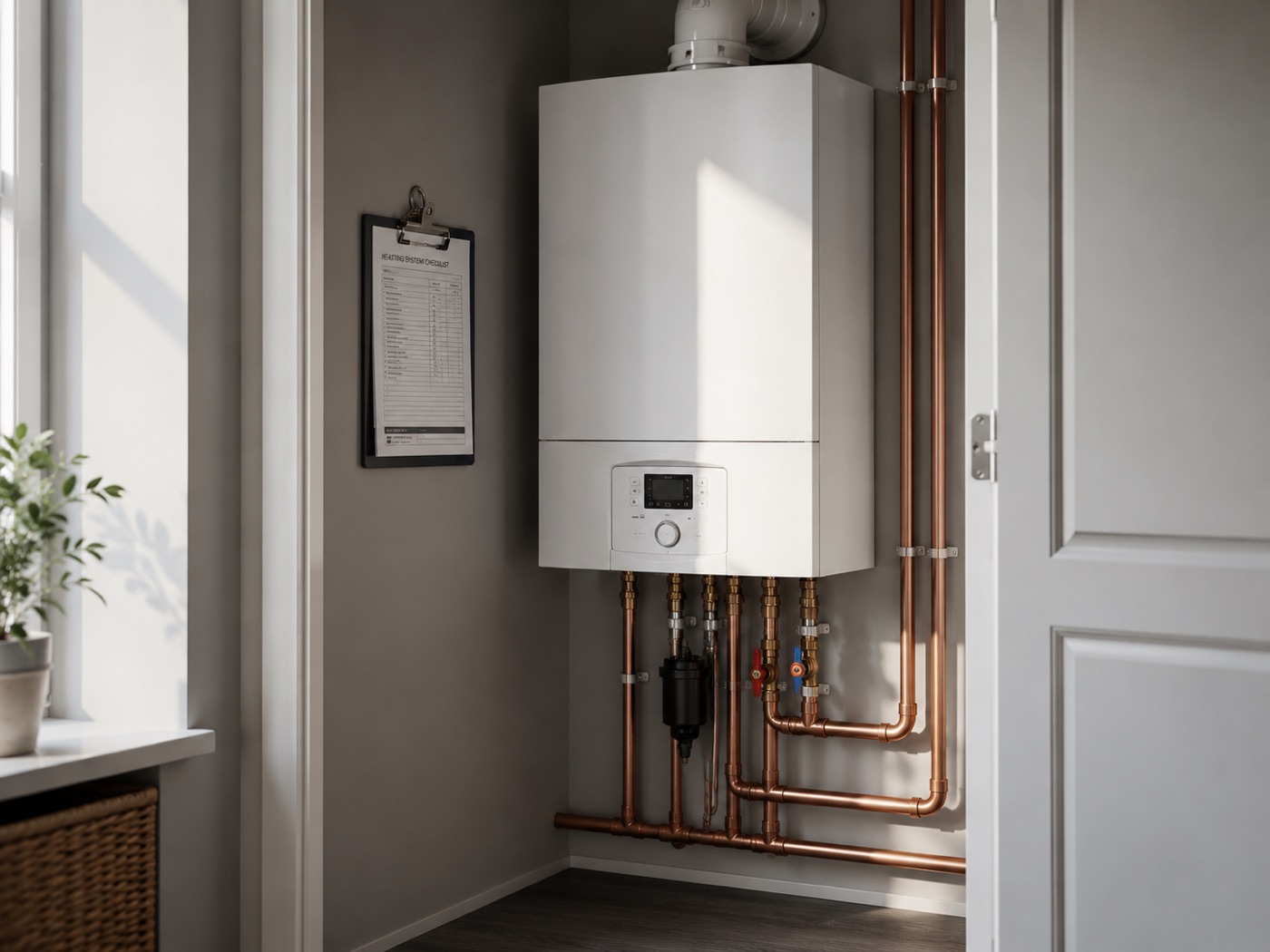 Newly installed combi boiler with clean copper pipework