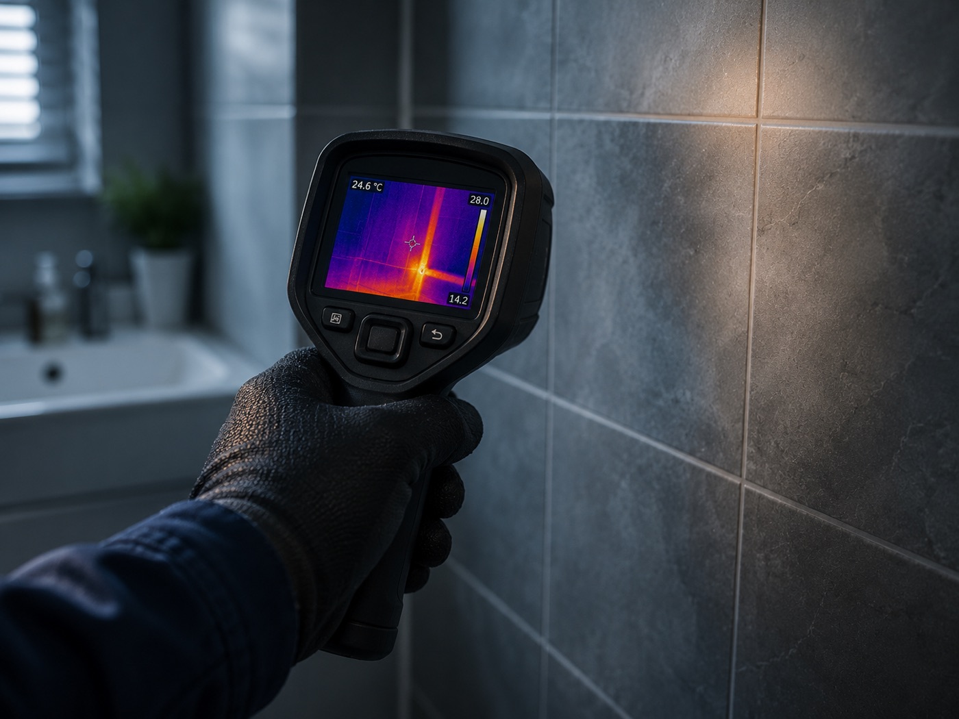 Plumber using a thermal-imaging device against a tiled wall