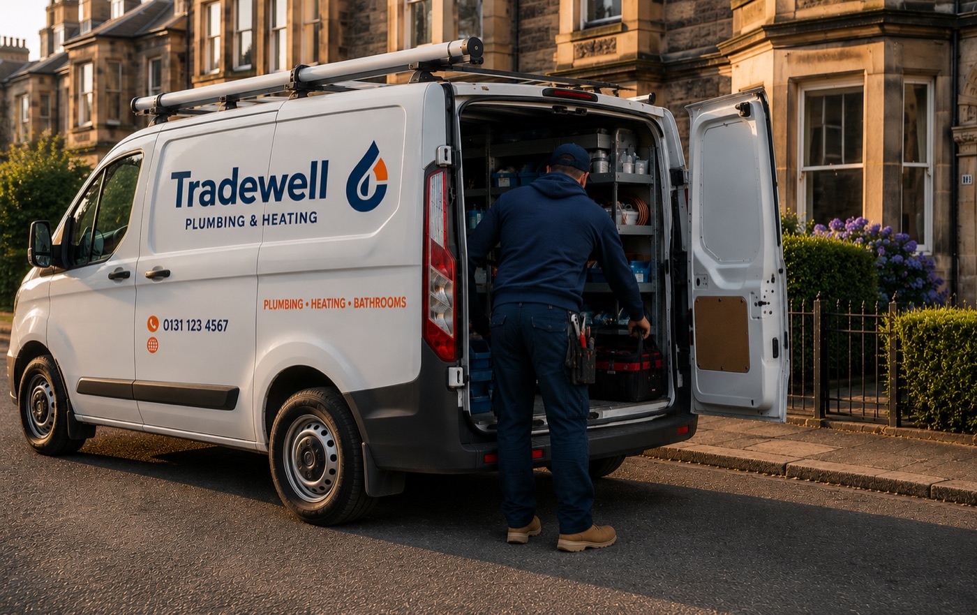 Tradewell Plumbing & Heating van loading on an Edinburgh stone street