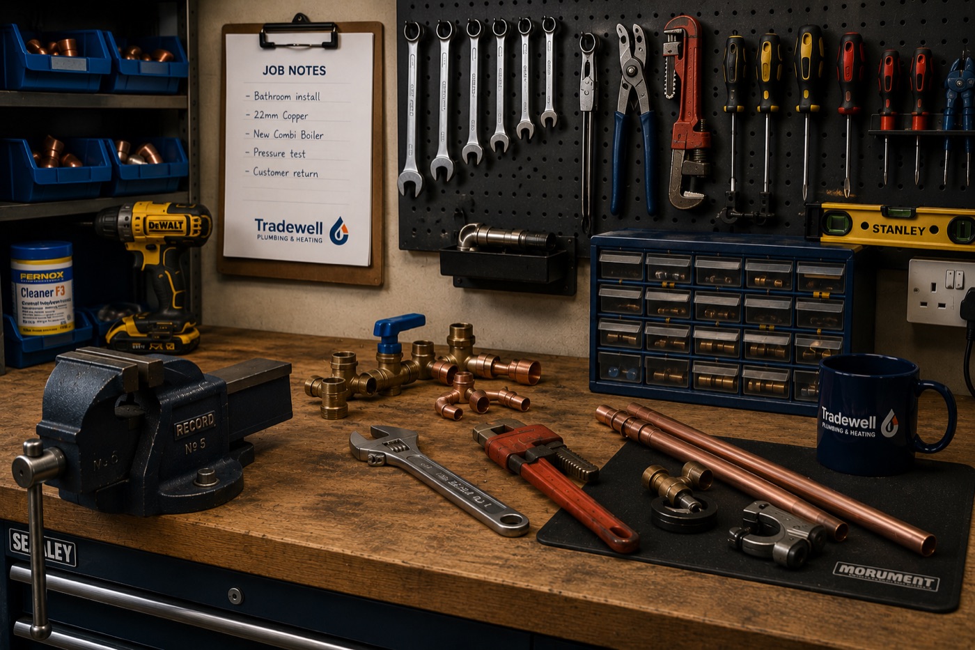 Tradewell workbench — pipe fittings, wrenches, branded mug, JOB NOTES clipboard