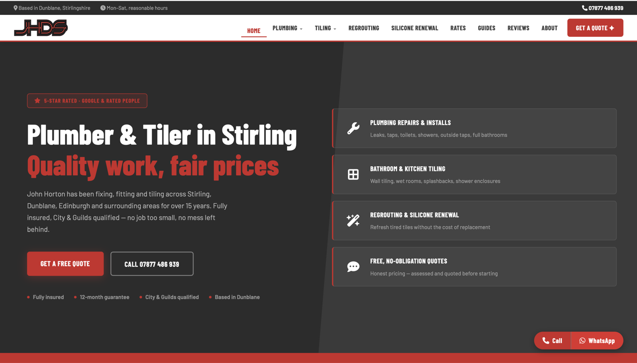 JHDS Plumbing homepage on desktop, built by Get A Trades Website